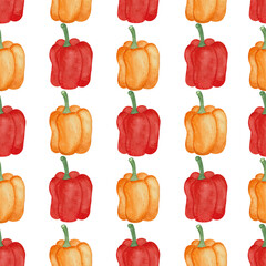 Watercolor pattern vegetables on white background. Hand drawn isolated fresh yellow, orange, red pepper paprika. Bell pepper. Pattern