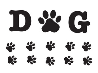 Dog paw print. Pet footprint. Black icons, animal prints isolated on white background. Cute dog pattern and lettering dog. Puppy footprint. Vector