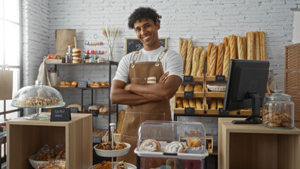 Man standing confidently in bakery shop with arms crossed, surrounded by a variety of breads, pastries, and cookies, neatly displayed in rustic interior.