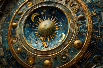 Obraz premium Intricate antique astronomical clock with a blue and gold color scheme is tracking celestial bodies