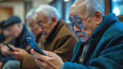 Elderly people learn how to use smartphones in technology classrooms, with close supervision from instructors, reflecting digital skills development."