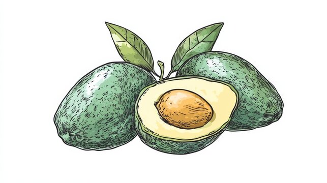 green avocados with leaves, cut open, vintage style clip art preview