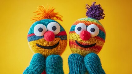 Two Knitted Puppets With Happy Faces.