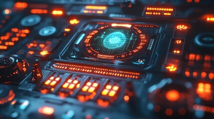 Futuristic alien control panel with glowing holographic interface, flashing lights and futuristic alien symbols on a dark metal surface."