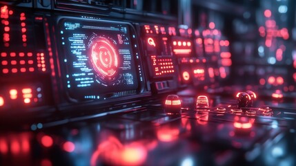 Futuristic alien control panel with glowing holographic interface, flashing lights and futuristic alien symbols on a dark metal surface."