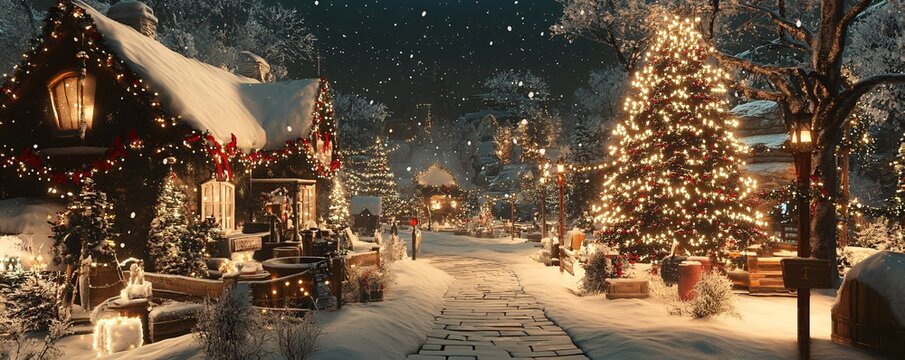 Christmas village path covered in snow at night with decorated houses and christmas tree