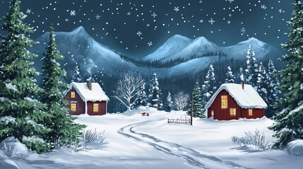 Snow falling on cozy illuminated wooden cabins in a winter wonderland at night