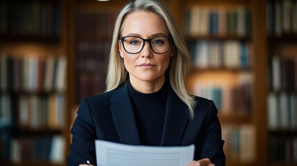 Confident Businesswoman Reviewing Documents in Library