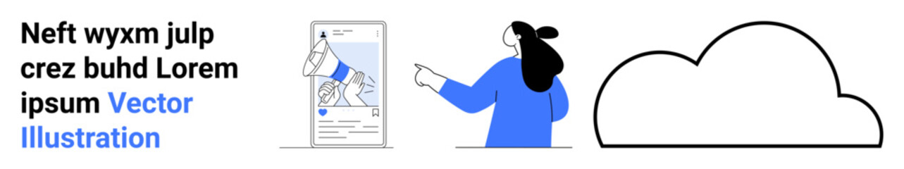Woman pointing at a mobile app interface design, accompanied by sample placeholder text and a large cloud icon. Ideal for tech, mobile apps, cloud computing, presentations, UI UX design, marketing