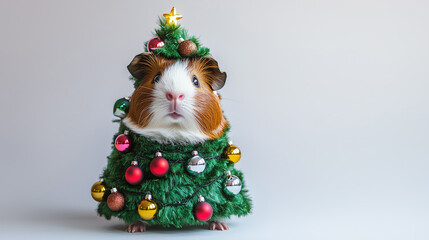 Adorable guinea pig dressed as a Christmas tree, wrapped in festive lights and surrounded by colorful ornaments, creating a charming holiday scene.