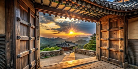 Fototapeta premium The damaged wooden door frame, silhouetted against light, embodies the essence of traditional Korean architecture, highlighting its unique design and enduring beauty.