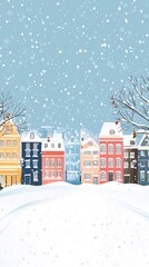 Snow falling on colorful buildings in winter cityscape