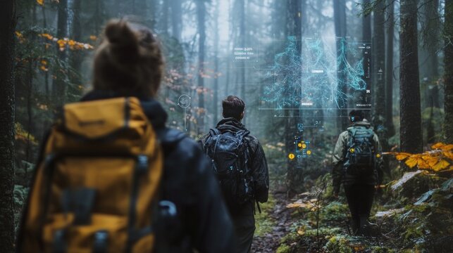 Hikers walking through a forest while viewing augmented reality data on wildlife migration and plant growth, overlaying the natural scene."