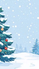 Christmas tree with ornaments is covered by snow in winter wonderland