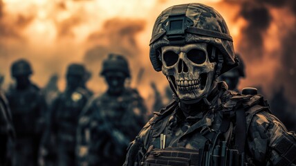 Fototapeta premium Soldier in skull mask amid smoky battlefield with other soldiers
