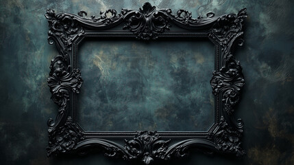 Ornate black baroque-style picture frame against a dark, textured background, evoking a gothic, elegant, and vintage atmosphere.
