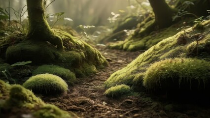 A serene forest floor, covered in vibrant green moss and illuminated by soft sunlight filtering through the trees, creating a tranquil nature scene