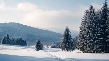 Snowy path leading through evergreen forest in winter wonderland
