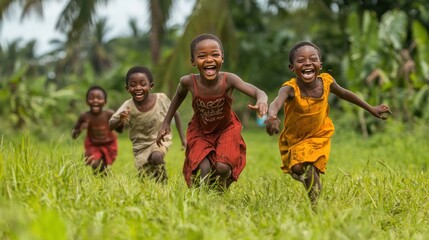 Fototapeta premium The children laugh brightly as they run in the grass. Their smiles and happiness reflect the carefree nature of their youth.
