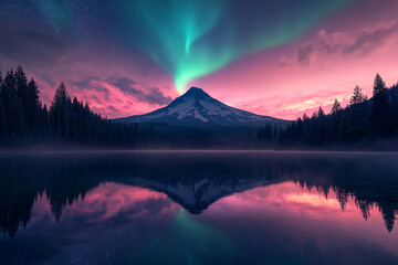 Vivid Northern lights during polar night. Epic scene of dancing aurora borealis in the night sky, polar circle.