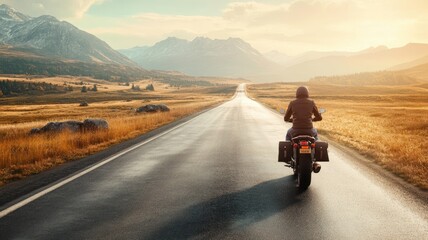 Solitary motorcycle ride on scenic open road at sunrise, with mountains in background