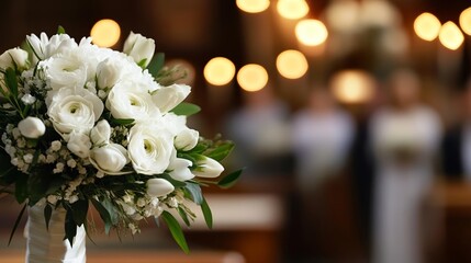 Casket with white flower bouquet, blurred figures in a warm-lit room, representing a dignified and heartfelt farewell
