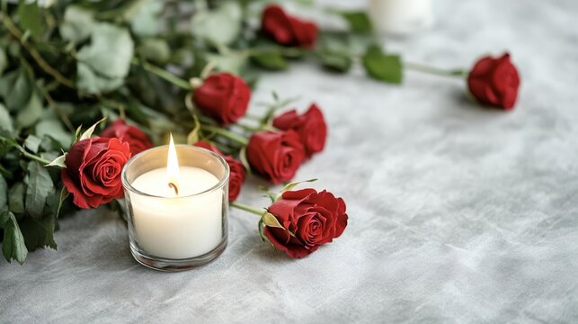 Candlelit remembrance scene with red roses, capturing the solemn beauty of honoring loved ones who have passed away