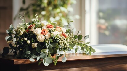Close-up of casket with flower bouquet, soft lighting and blurred background, evoking themes of remembrance and closure