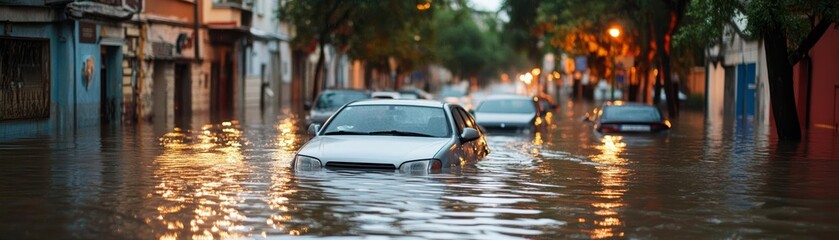 Flooded city street with partially submerged cars, evening lights reflecting on water, highlighting the impact of extreme weather