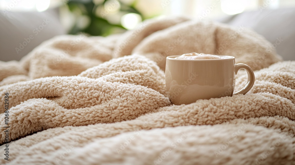 Poster mother and child wrapped in a cozy blanket sharing a hot drink on a chilly morning capturing warmth 