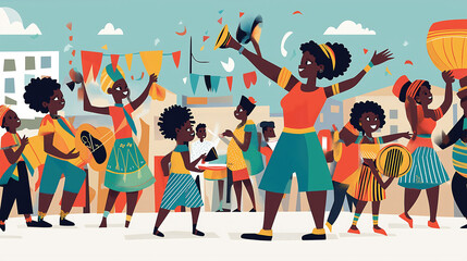 Naklejka premium Excited Black children gather around to watch captivating street performers, their faces glowing with joy as musicians and acrobats entertain at a local cultural festival