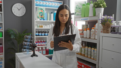 Woman working in a pharmacy checking inventory on a clipboard surrounded by medical supplies and...