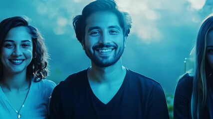 a diverse group of people smiling, captured with smooth pan and cool ambient lighting - Powered by Adobe