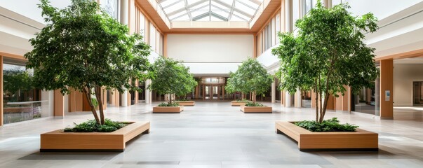Fototapeta premium Serene indoor atrium featuring lush trees and inviting benches for relaxation and contemplation.