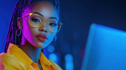 Confident Woman in Glasses with Blue Backdrop