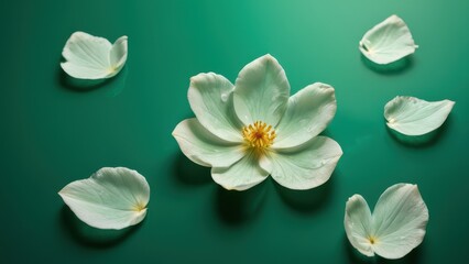 Delicate white flowers float gracefully on a serene green surface, creating a tranquil and calming atmosphere perfect for wellness or spa themes