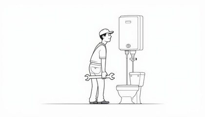 Plumber worker repairs a broken water heater in a black and white line art style illustration