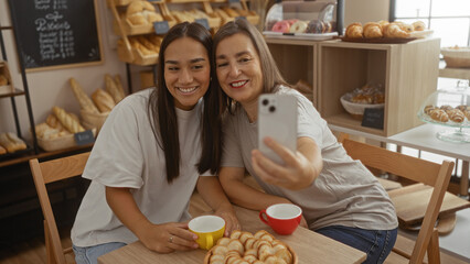Mother and daughter taking a selfie and enjoying coffee together in a cozy bakery filled with various pastries