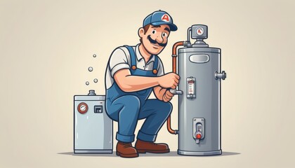 Plumber worker repairs a broken water heater with a cheerful expression in a vector style illustration