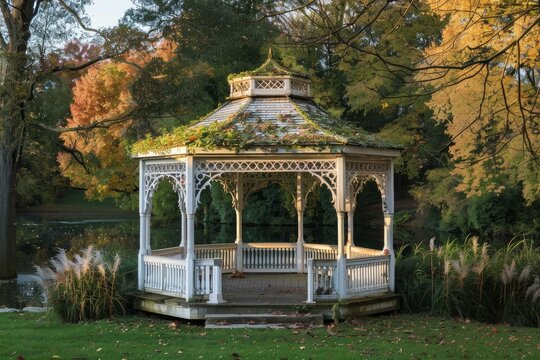 Serene landscape featuring a white wooden gazebo standing on the shore of a tranquil lake, surrounded by the vibrant colors of autumn foliage - Powered by Adobe