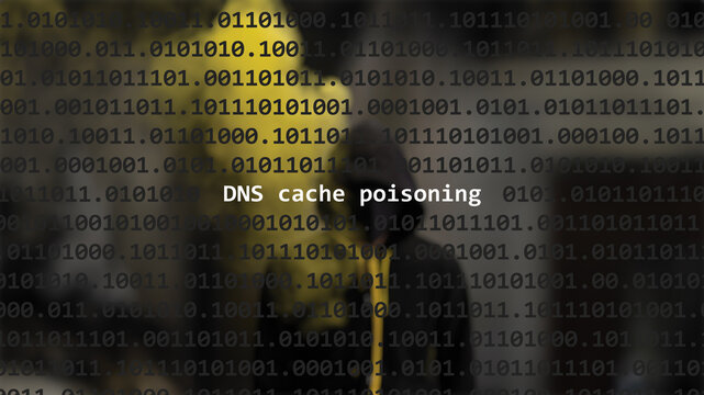 Cyber attack dns cache poisoning text in foreground screen, anonymous hacker hidden with hoodie in the blurred background. Vulnerability text in binary system code on editor program.