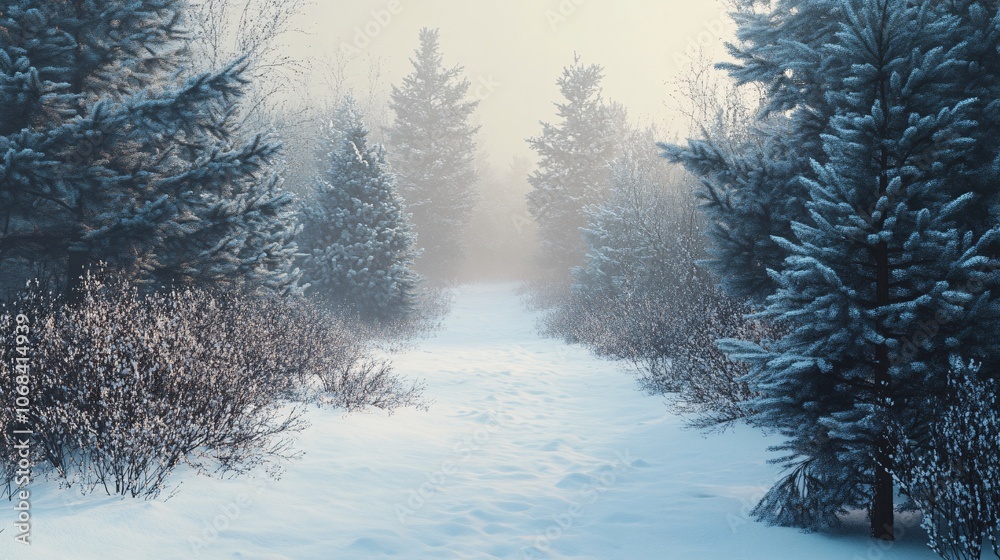 Poster snowy path winding through a misty winter forest