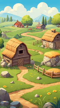 Farm and field, mobile game asset. Game environment set, hay day, stared valley style