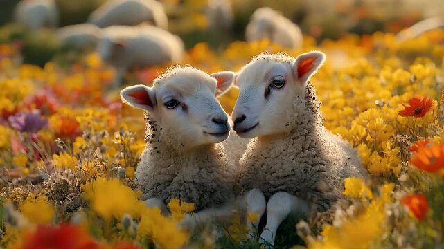 Two beautiful sheeps are playing in the meadow with colorful flowers on a beautiful afternoon