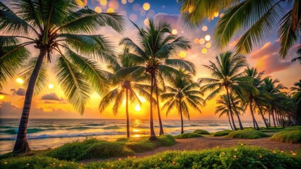 Serene Beach Trees with Bokeh Effect: Capturing Nature's Tranquility and Beauty in a Coastal Landscape with Soft Focus and Dreamy Background Highlights