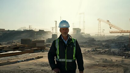 Confident construction worker at building site, dolly zoom out, hard light, establishing video