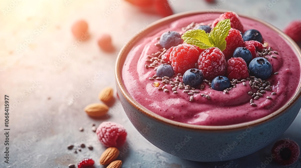 Poster a vibrant smoothie bowl topped with fresh fruits nuts and seeds arranged beautifully on a light-colo