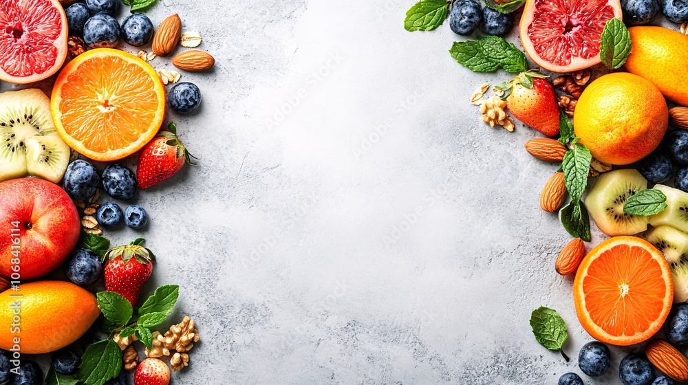 Poster a vibrant smoothie bowl topped with fresh fruits nuts and seeds arranged beautifully on a light-colo