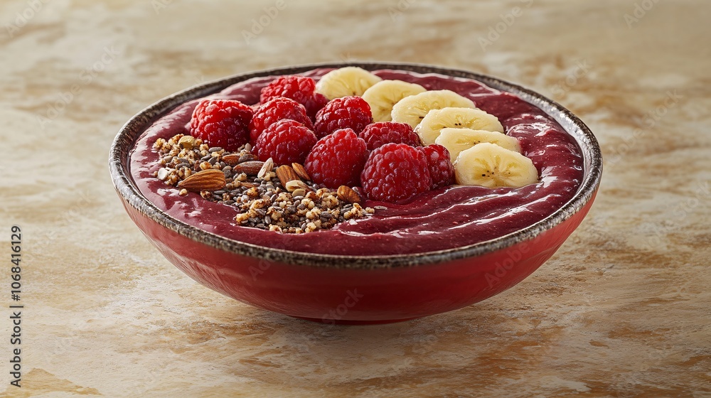Poster a vibrant smoothie bowl topped with fresh fruits nuts and seeds arranged beautifully on a light-colo