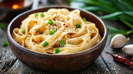 Spicy Noodles in a Bowl with Garnish